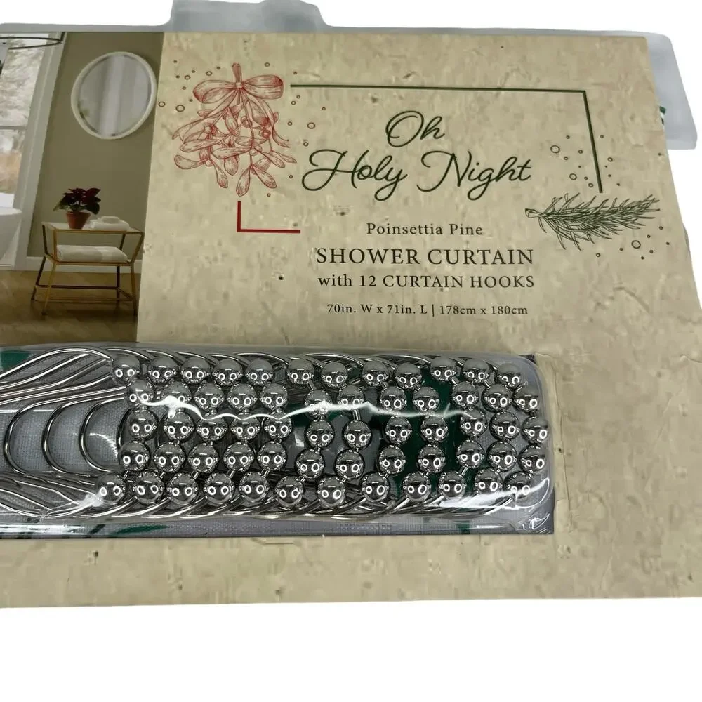 Christmas Shower Curtain Oh Holy Night Poinsettia Pine Hooks New